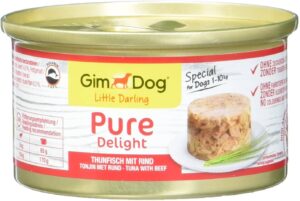 GimDog Pure Delight, atún con vacuno - Snack para perros rico en proteínas, con pescado tierno en deliciosa gelatina - 12 latas