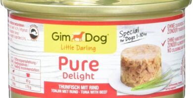 GimDog Pure Delight, atún con vacuno - Snack para perros rico en proteínas, con pescado tierno en deliciosa gelatina - 12 latas